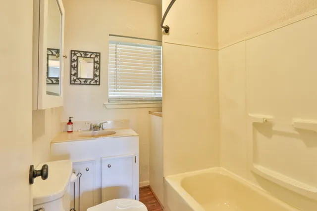 a bathroom with a sink mirror toilet and bathtub