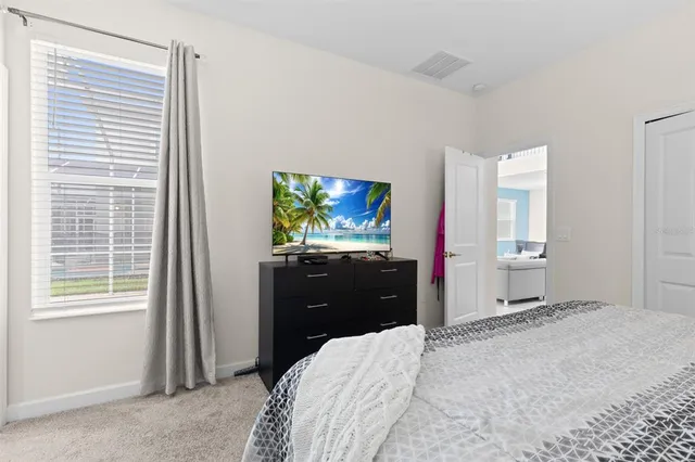 a bedroom with a bed and a television