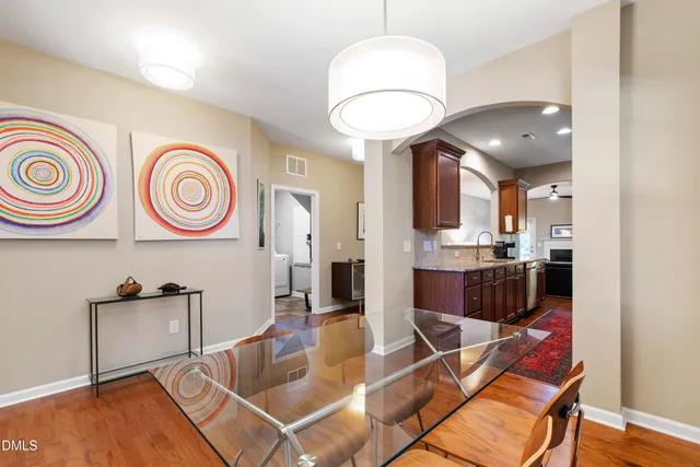 a view of a dining room with furniture