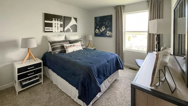 a bedroom with a bed and a flat tv screen on the dresser