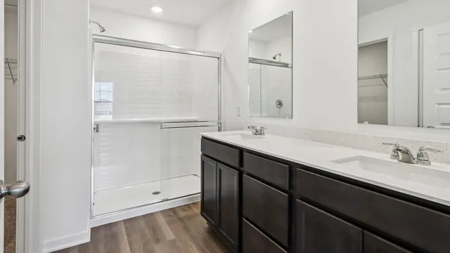 a bathroom with a double vanity sink a mirror and a shower