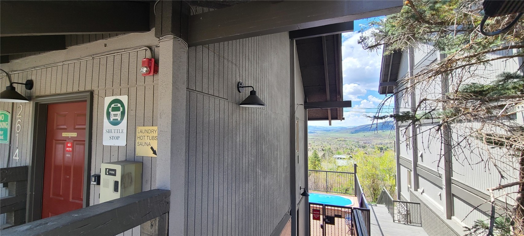 2590 Longthong Road, Unit 211 Steamboat Springs, CO 80487 - Photo 20 of 26 Exterior view of a fire alarm and a mountain view