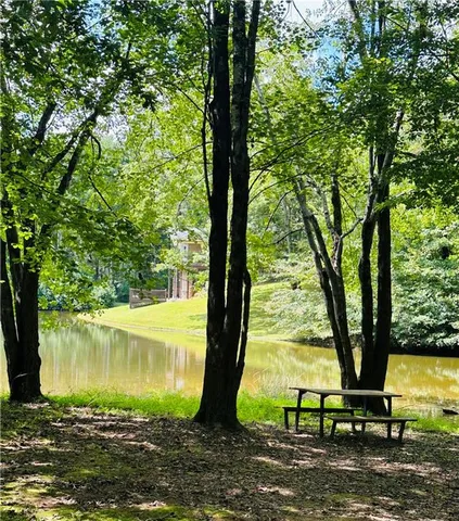 a swimming pool with some trees in the background