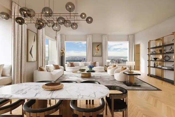 a living room with furniture and a floor to ceiling window