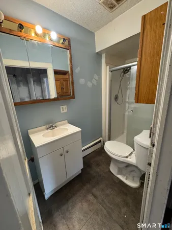 a bathroom with a sink mirror vanity and toilet