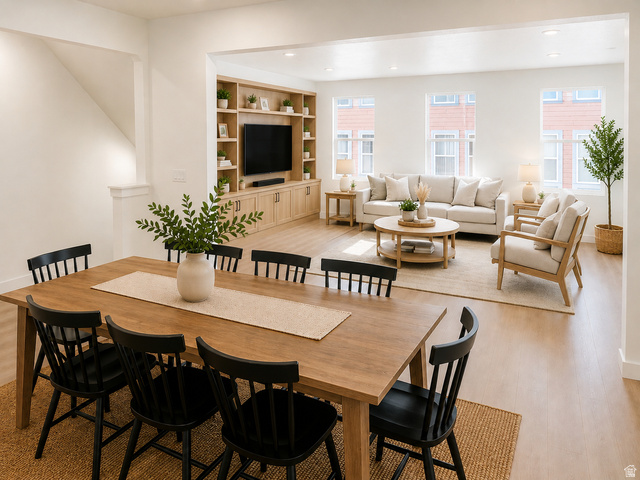 11014 South Lake Run Road, Unit 146 South Jordan, UT 84009 - Photo 5 of 22 Open-concept living and dining areas featuring wood-finish flooring, recessed lighting, and white walls
