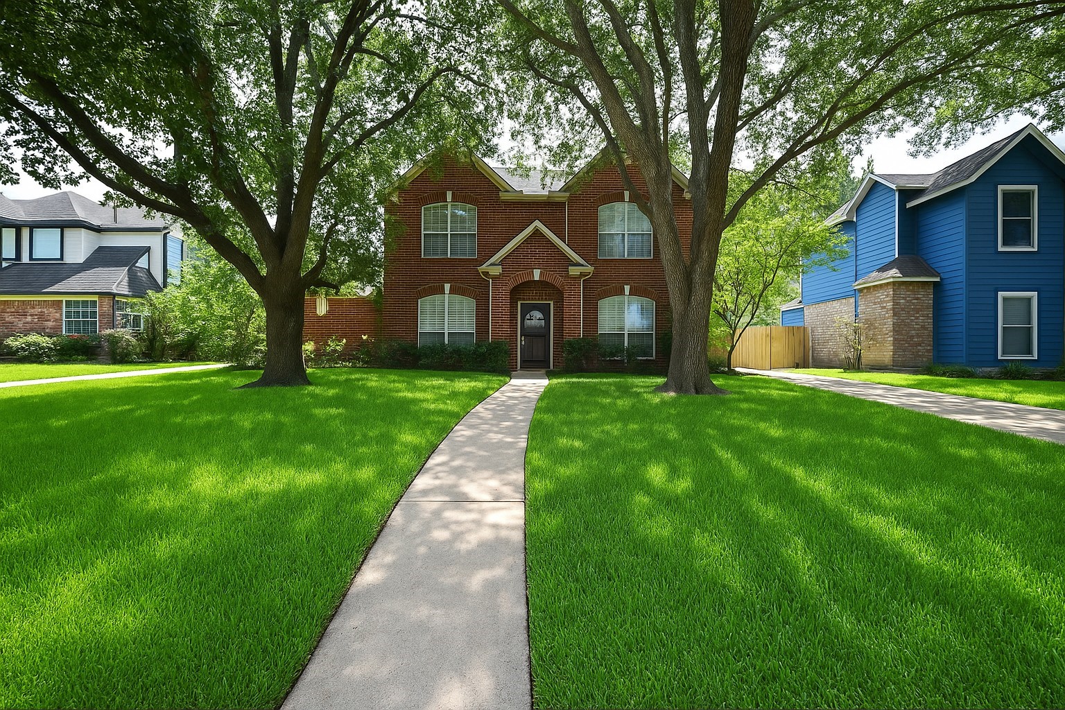 a front view of a house with yard and green space