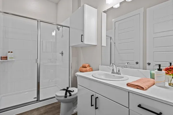 a bathroom with a sink a toilet and shower