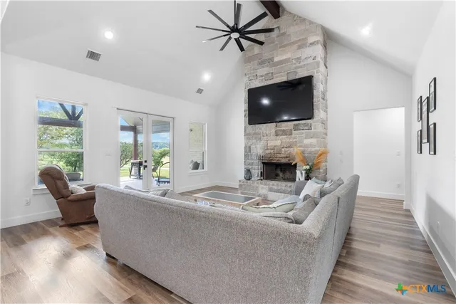 a living room with furniture and a fireplace