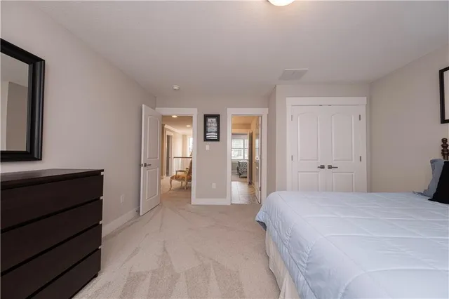 a bedroom with a bed and closet