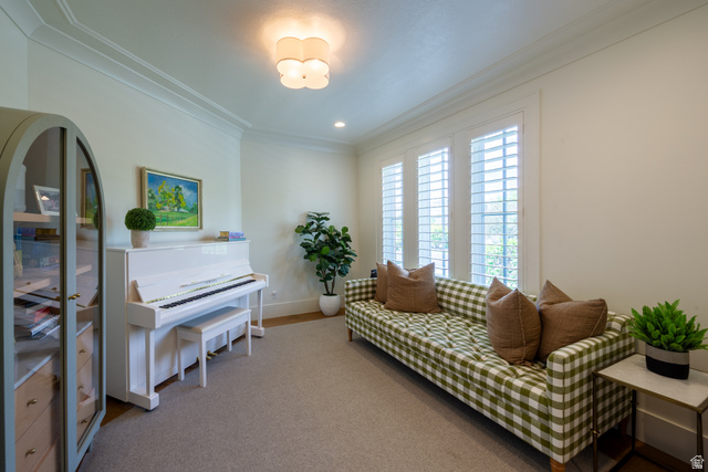 630 East Center Street Alpine, UT 84004 - Photo 16 of 115 Interior space featuring crown molding, recessed lighting, and a decorative ceiling fixture