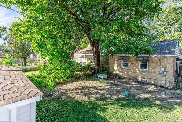 a view of a backyard with a garden and tree