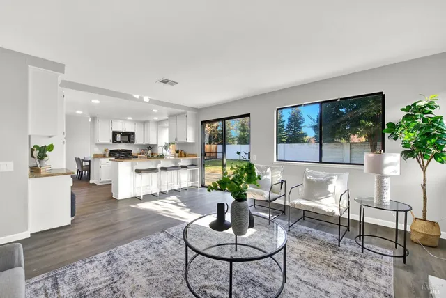 a living room with furniture kitchen view and a potted plant