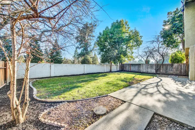 a view of a backyard with large trees