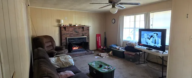 a living room with furniture a fireplace and a chandelier
