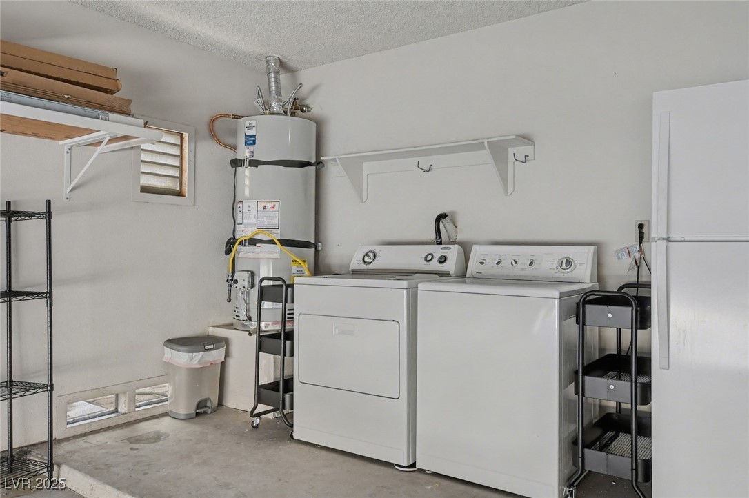 7951 Aspendale Drive Las Vegas, NV 89123 - Photo 34 of 42 Washroom with a textured ceiling, secured water heater, concrete floors, and washing machine and clothes dryer