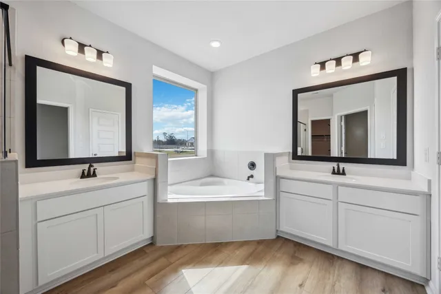 a bathroom with a double vanity sink mirror and bathtub