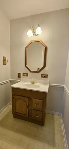 a bathroom with a sink mirror and vanity