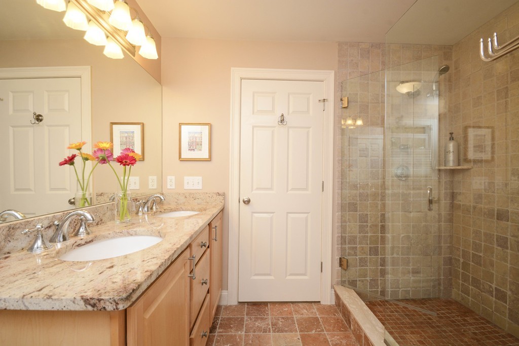 15 Cerina Road, Unit 15 Boston, MA 02130 - Photo 14 of 28 a bathroom with a granite countertop sink a mirror a vanity and shower