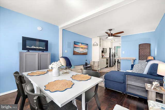 a view of a dining room with furniture