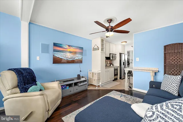 a living room with furniture and a ceiling fan