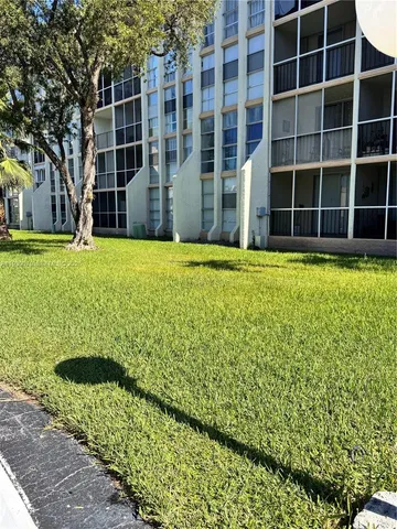 a view of a garden with a large tree