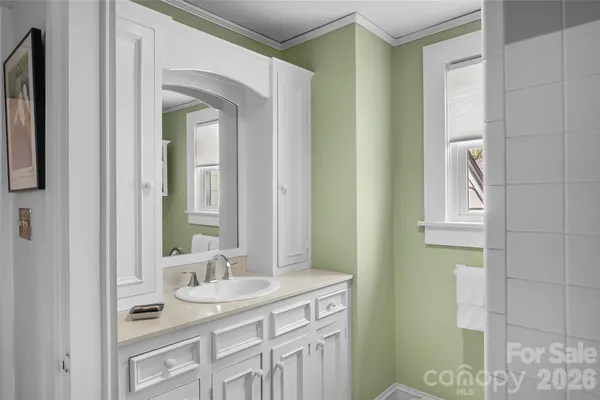 a bathroom with a sink vanity and a mirror