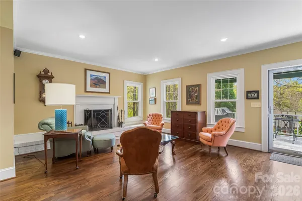 a living room with furniture a fireplace and a potted plant