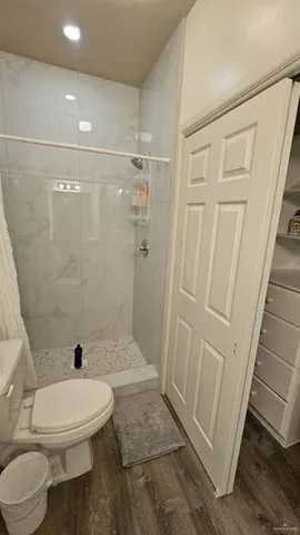 a bathroom with a toilet and a shower