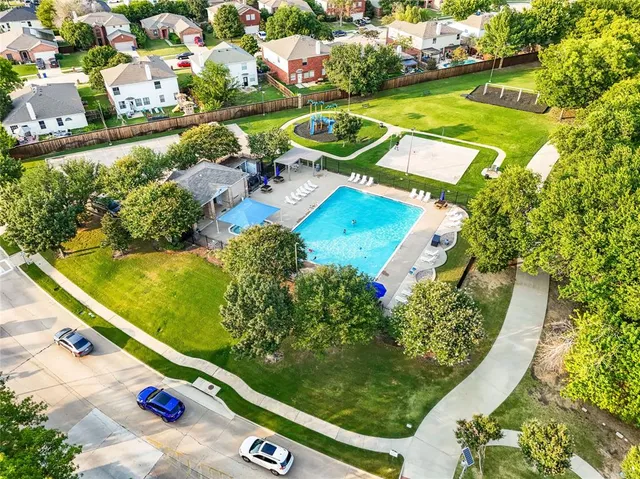 an aerial view of a swimming pool