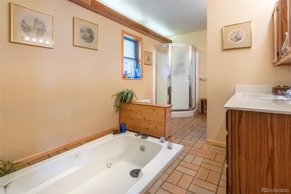 a bathroom with a tub sink and mirror