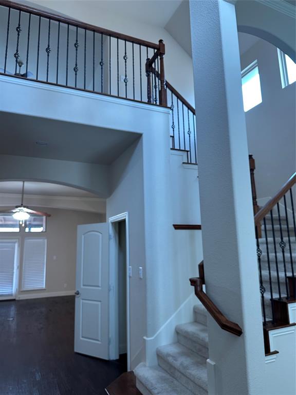 16207 Mapleshade Drive Frisco, TX 75035 - Photo 8 of 16 Staircase with a towering ceiling, baseboards, arched walkways, and wood finished floors