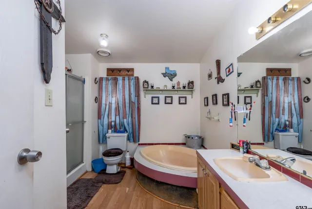 a bathroom with a tub sink and mirror
