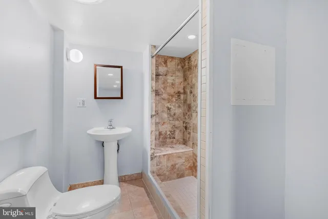 a bathroom with a shower toilet sink and mirror
