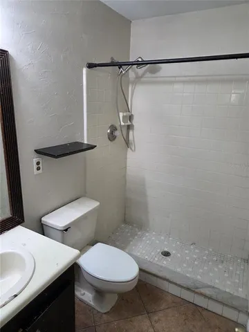 a bathroom with a shower and a toilet