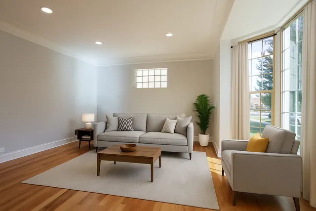 a living room with furniture and a potted plant