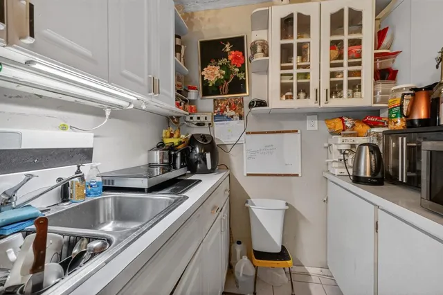 a kitchen with a workspace