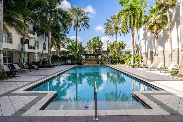 a swimming pool view with a garden