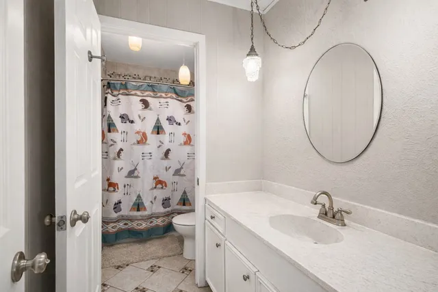 a bathroom with a sink a toilet and a mirror