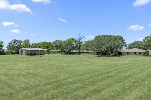 a view of a grassy field with trees in the background