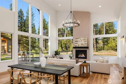 a living room with furniture a chandelier and a fireplace