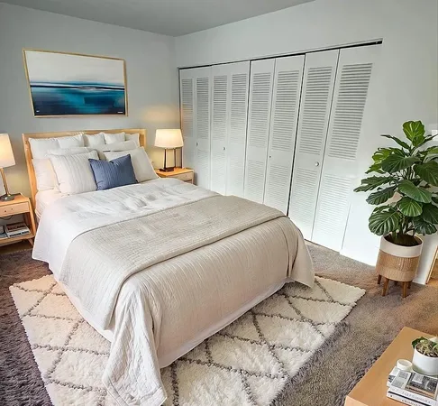 a bedroom with a bed and a potted plant