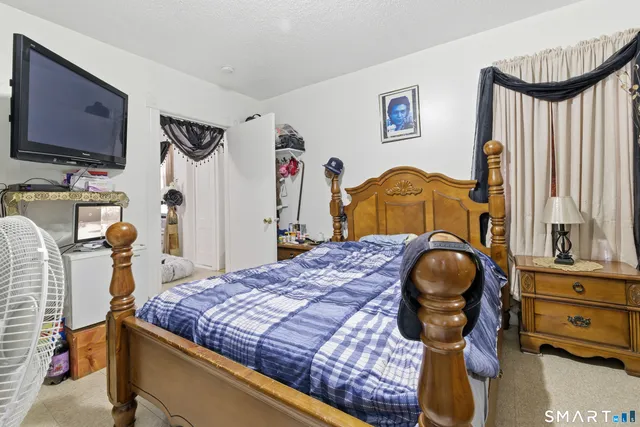 a bed room with a bed and a television