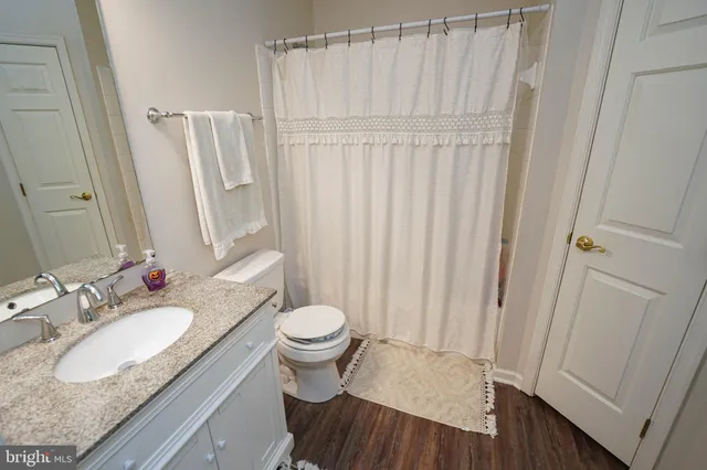 a bathroom with a granite countertop sink toilet and shower