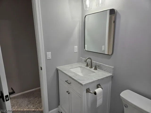 a bathroom with a sink vanity mirror and toilet