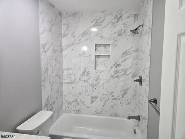 a bathroom with a bathtub and a toilet