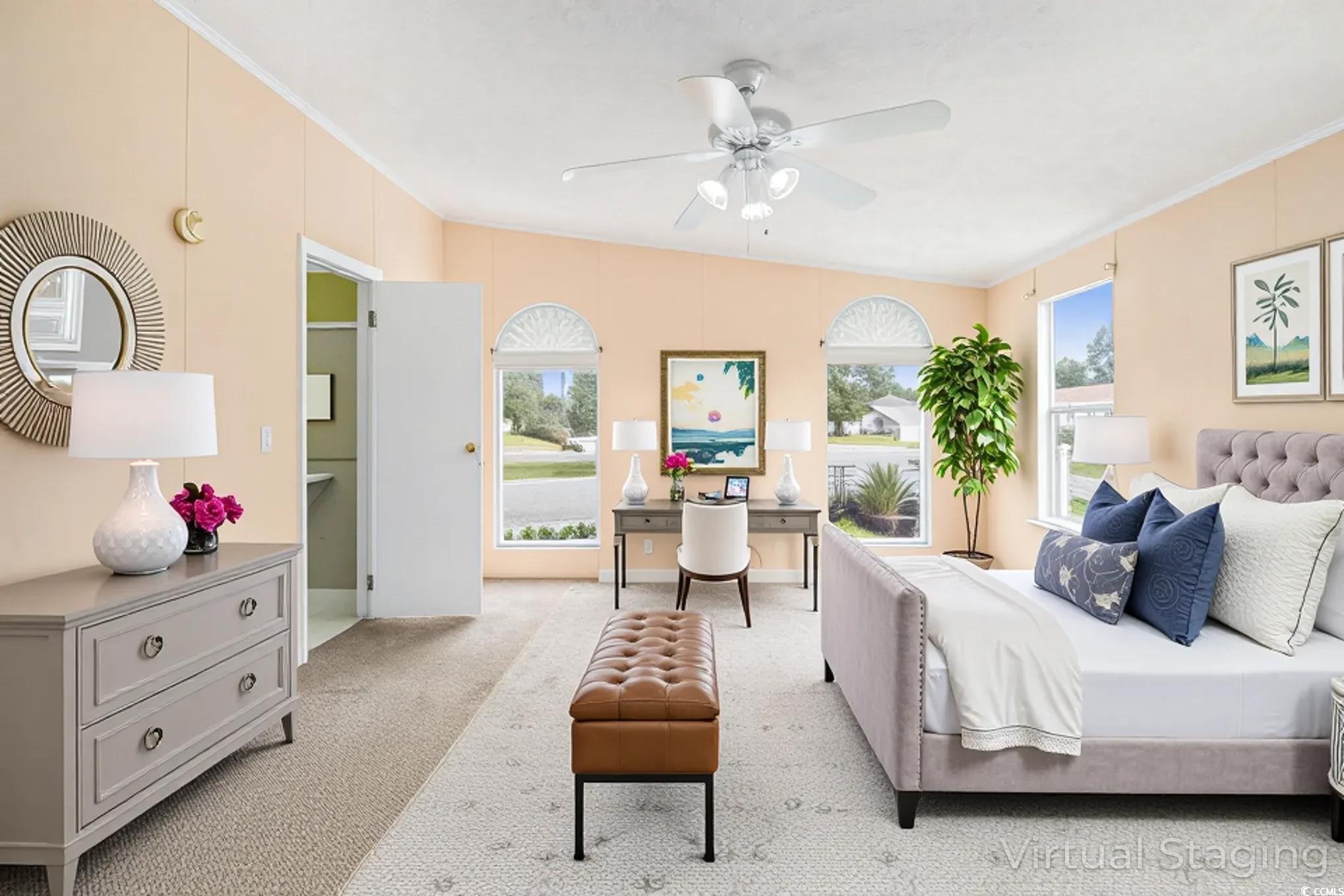 3804 Stern Drive Conway, SC 29526 - Photo 19 of 38 Carpeted bedroom with ornamental molding, a ceiling fan, and a desk