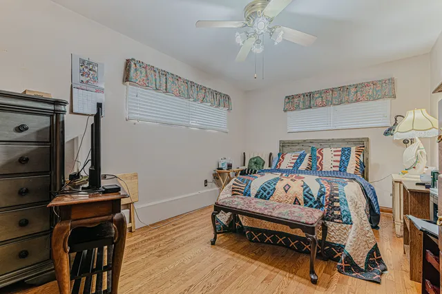 a bedroom with furniture and a ceiling fan