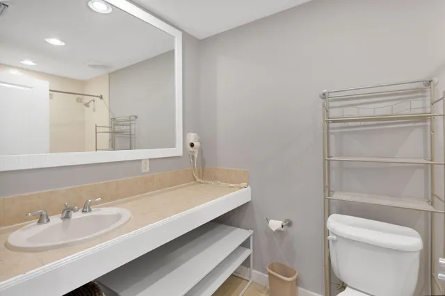 a bathroom with a sink a toilet and a mirror