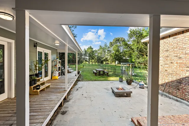 a garden view with a seating space